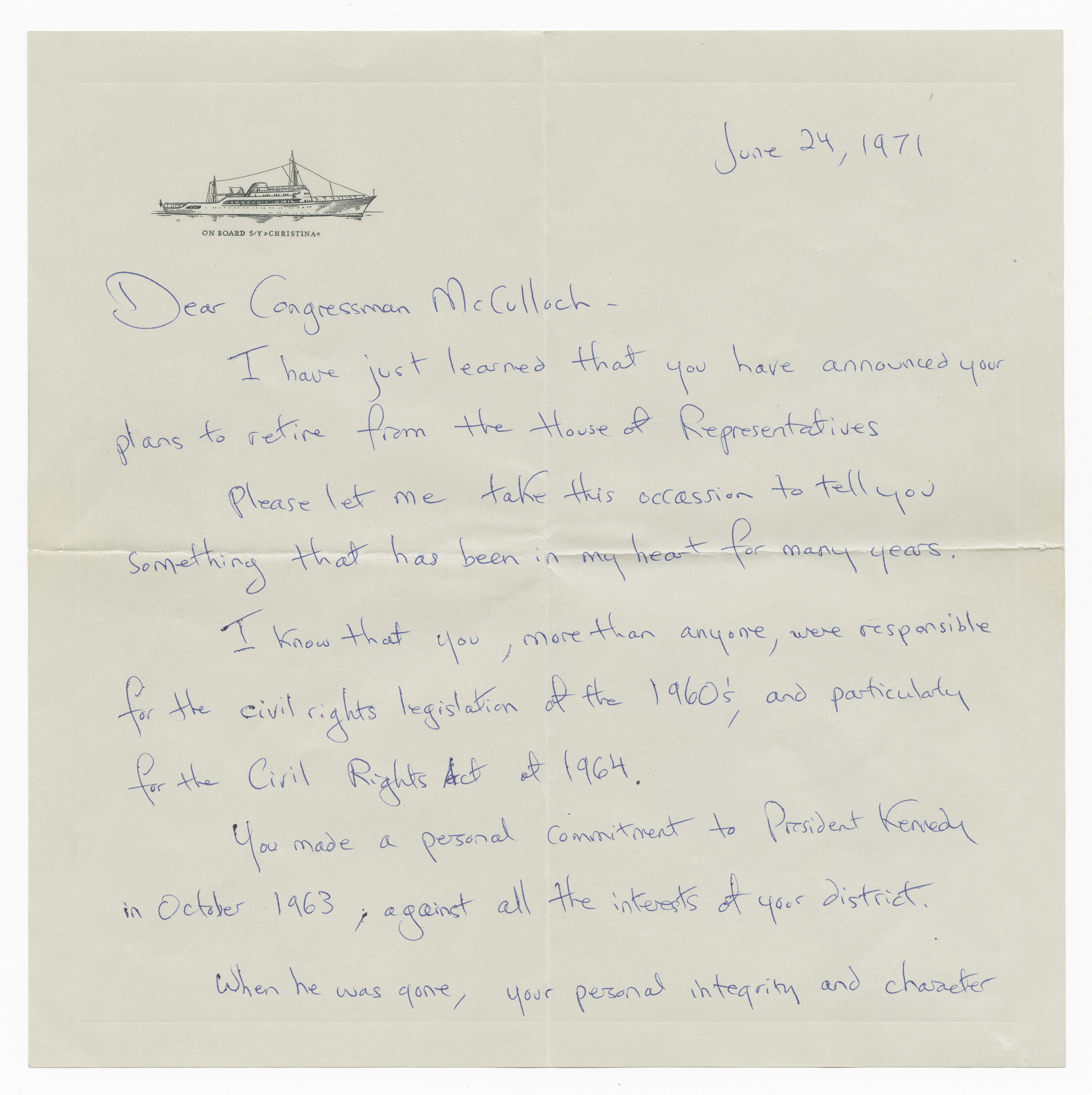 Letter from Jacquelyn Kennedy Onassis to Congressman William McCulloch