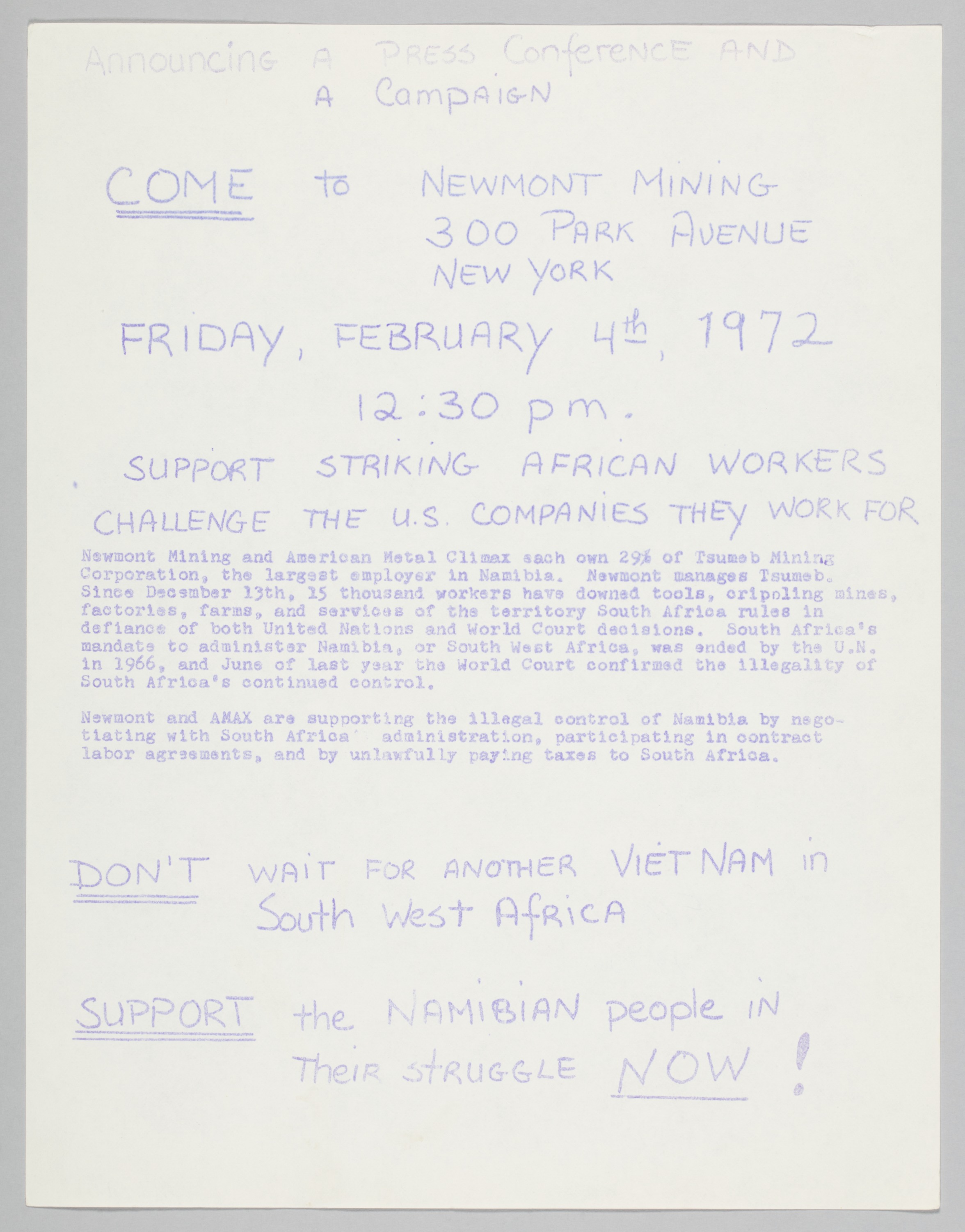 Flyer announcing a campaign to support Namibia