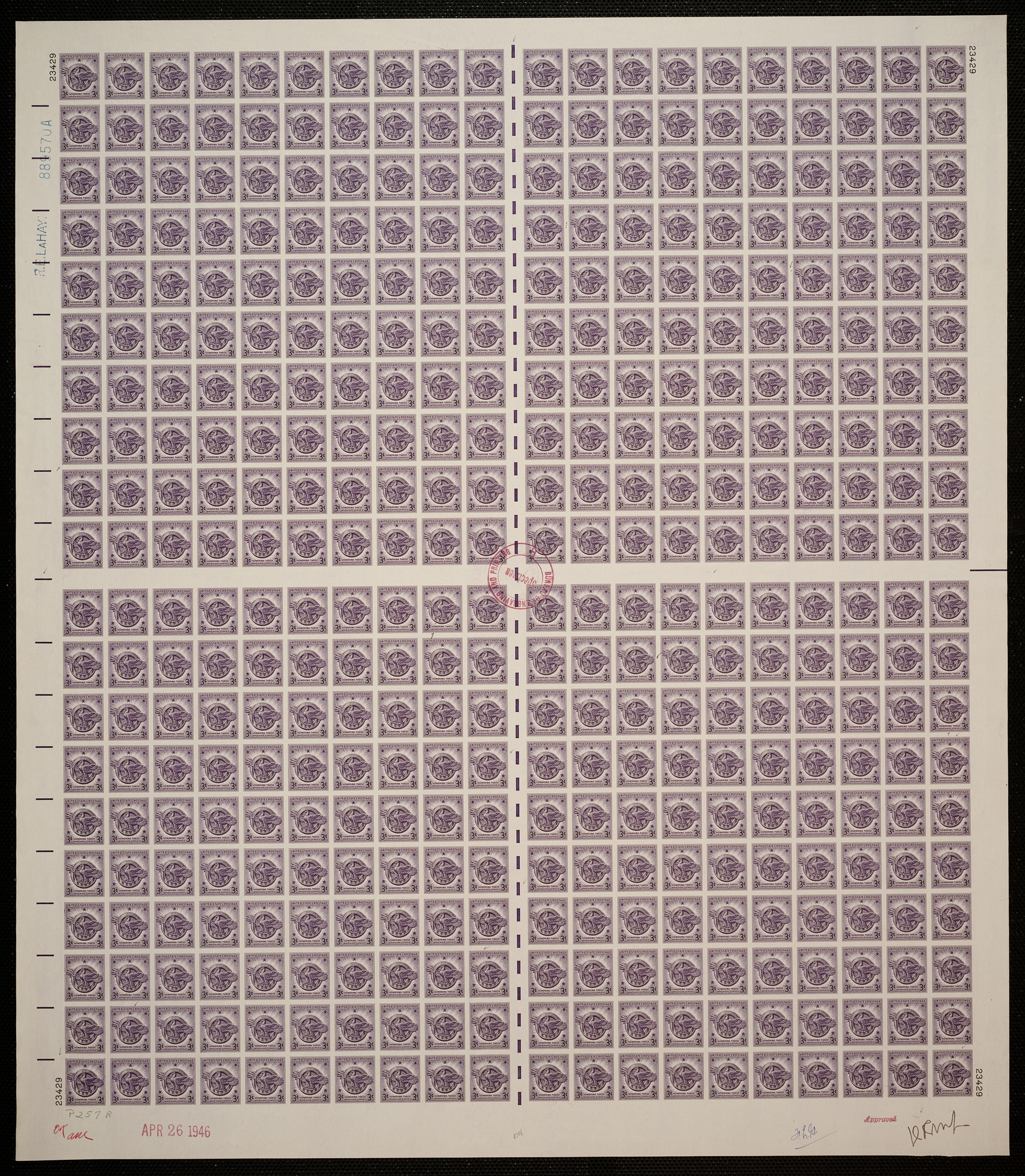 3c Veterans of World War II plate proof