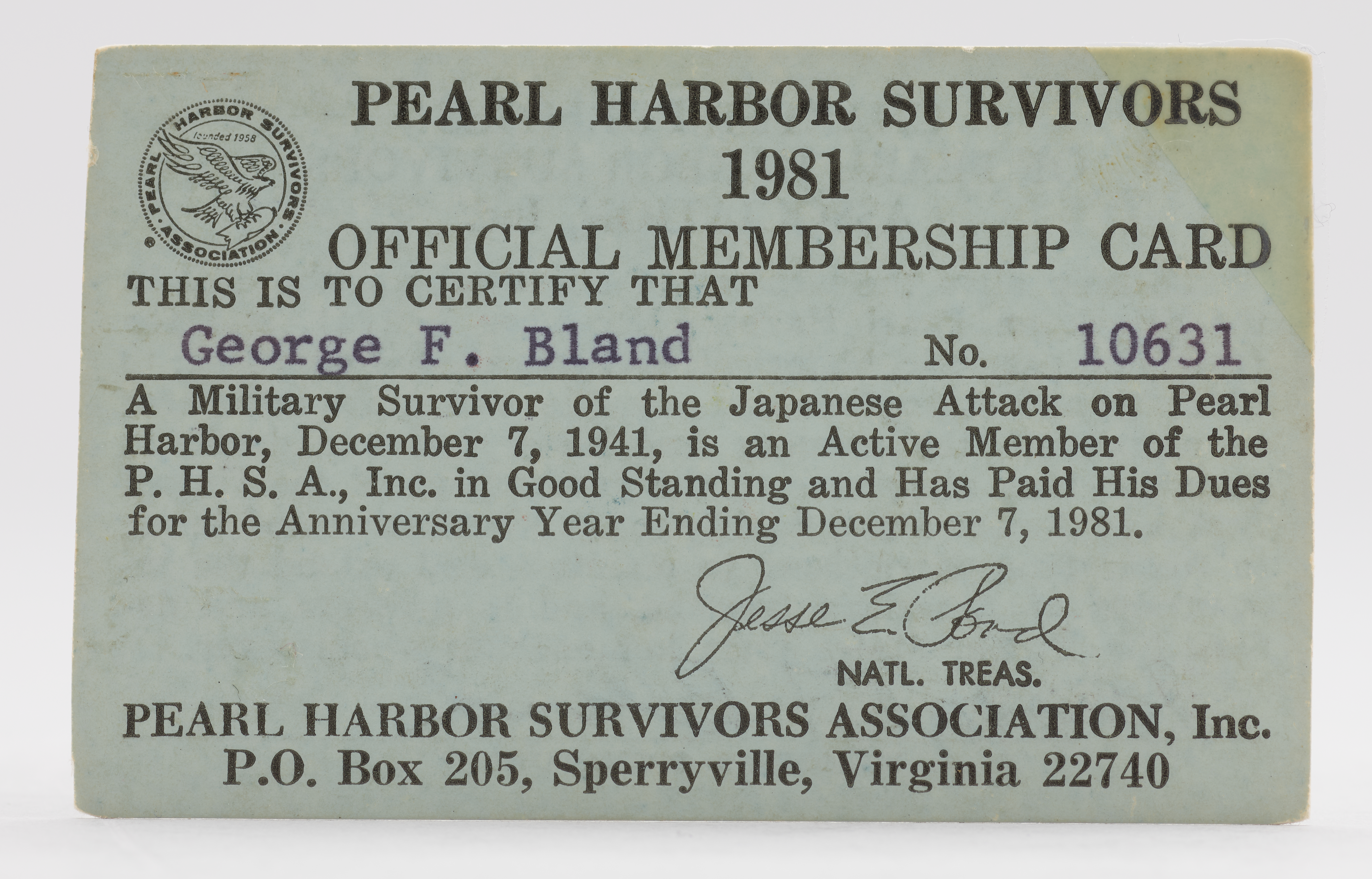 Pearl Harbor Survivors Official Membership Card for Ck2c George F. Bland