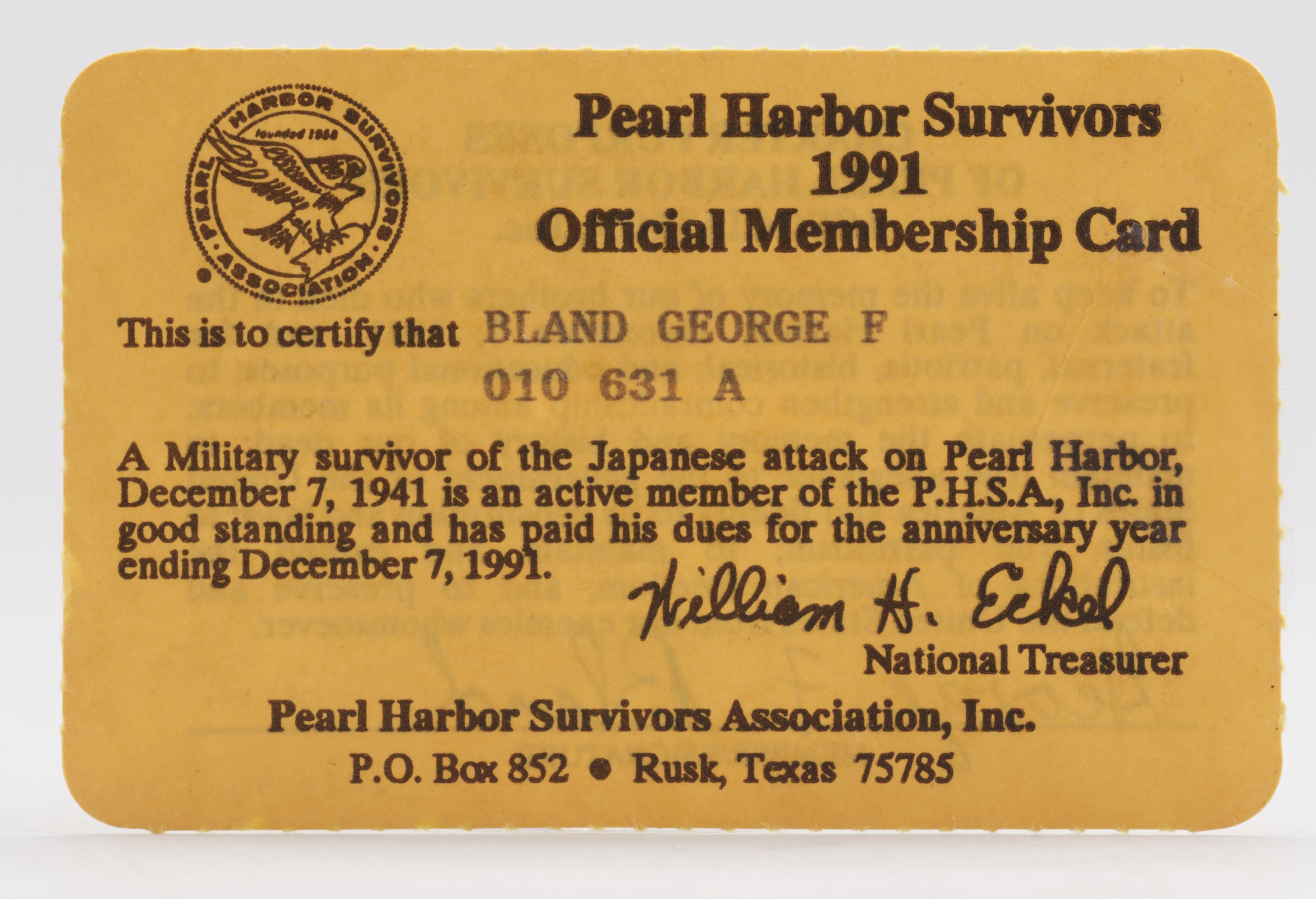 Pearl Harbor Survivors Official Membership Card for Ck2c George F. Bland