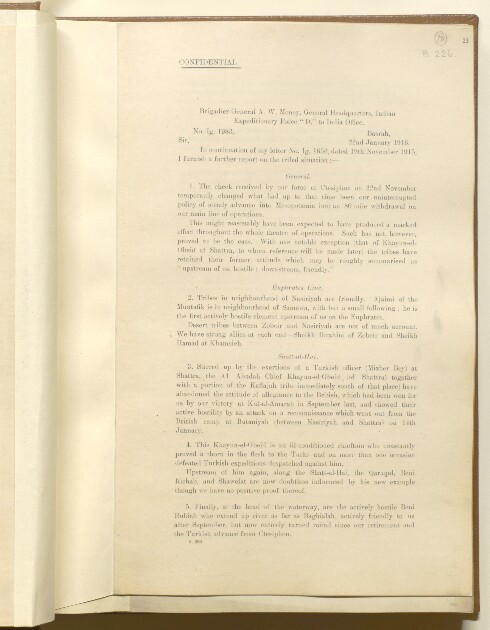 Letter from Brigadier-General Arthur Wigram Money, General Headquarters, India Expeditionary Force "D", Basrah [Basra] to the Secretary to the Government of India, Foreign and Political Department, India Office
