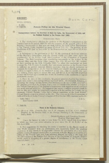 'Future Policy on the Trucial Coast. Correspondence between the Secretary of State for India, the Government of India, and the Political Resident in the Persian Gulf (1929)'