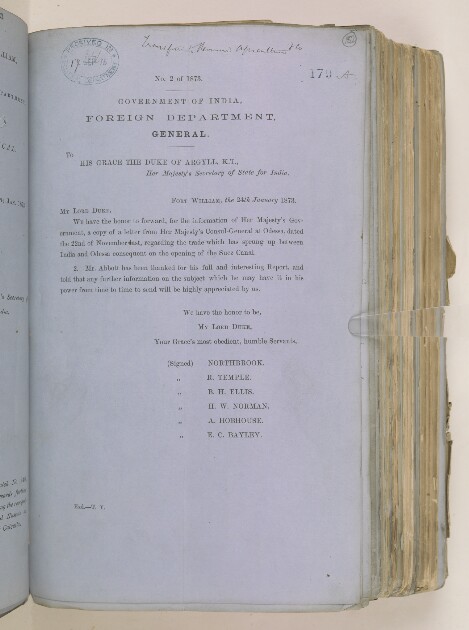 General No. 2 of 1873, Forwarding a Copy of a Letter from HM Consul-General at Odessa, Regarding the Trade which has Sprung up between India and Odessa Consequent on the Opening of the Suez Canal