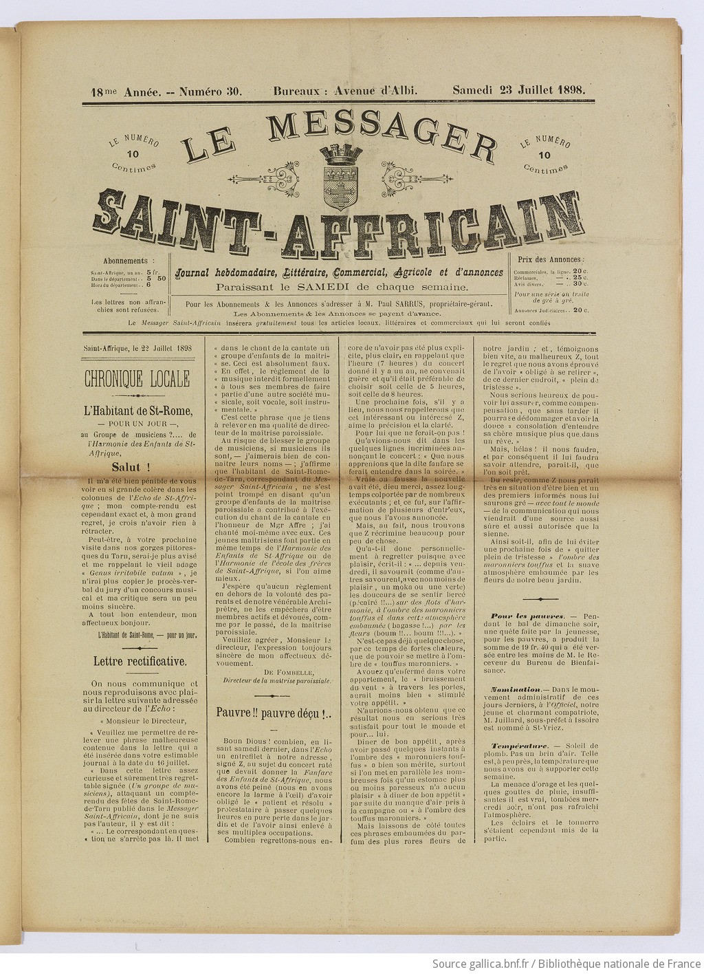 Le Messager Saint-Affricain: journal littéraire, commercial, agricole et d'annonces