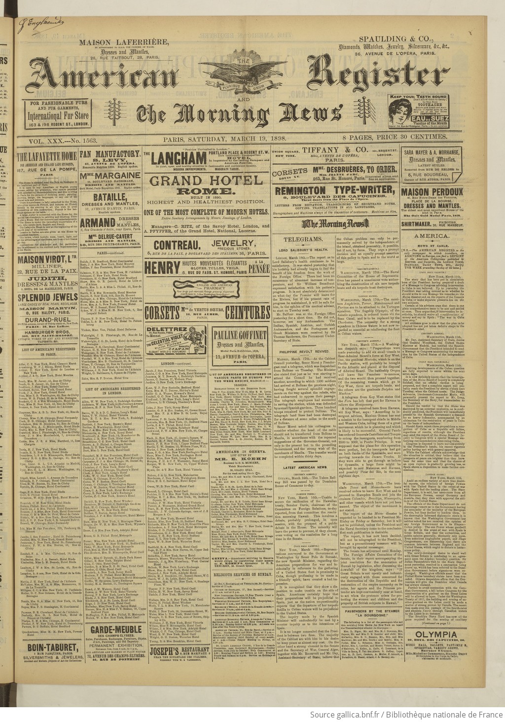 The American register for Paris and the continent ["puis" for Europe; register and Anglo-American news; and Anglo-colonial world]