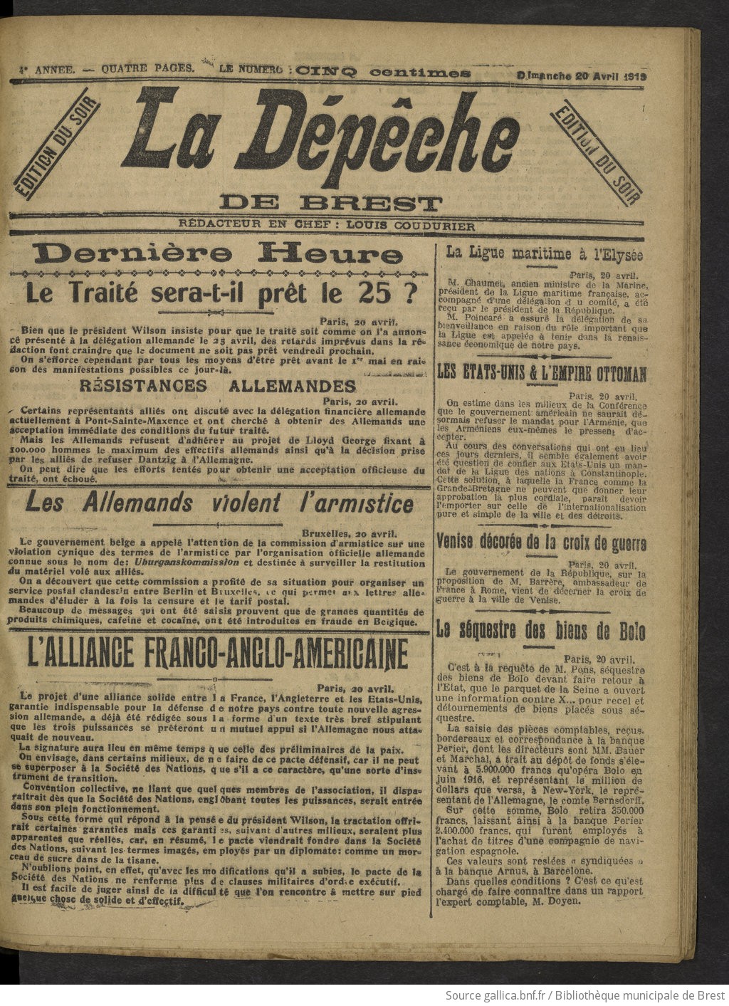La Dépêche de Brest: journal politique et maritime ["puis" journal de l'Union républicaine "puis" journal républicain quotidien "puis" quotidien républicain du matin]...