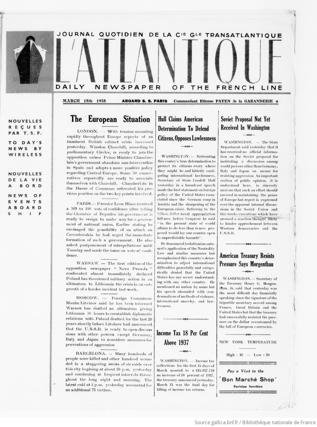 L'Atlantique: journal quotidien paraissant à bord des paquebots de la Compagnie générale transatlantique: dernières nouvelles reçues par télégraphie sans fil