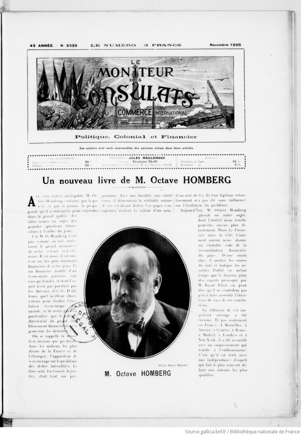Le Moniteur des consulats et du commerce international: littérature, sciences, arts... / directeur: Auguste Meulemans