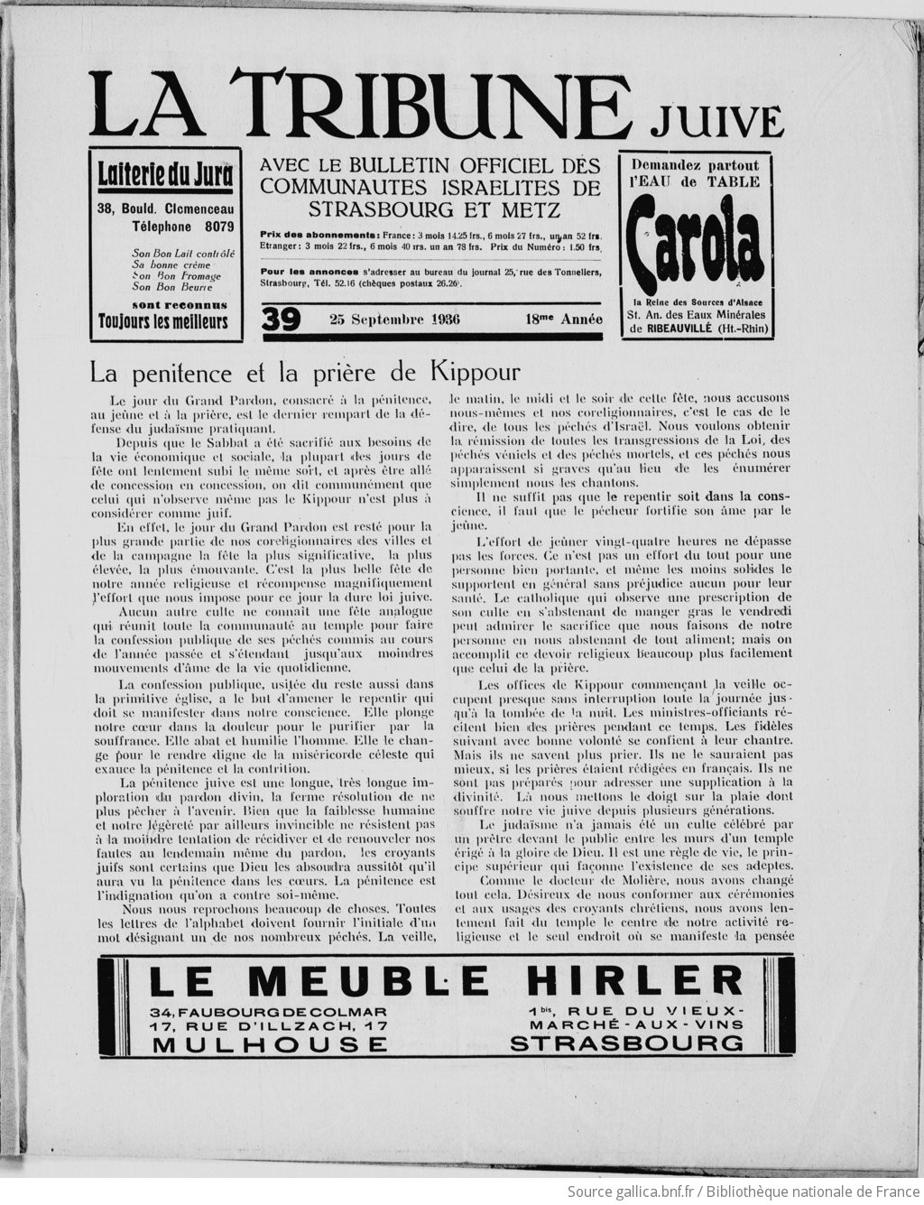 La Tribune juive: organe indépendant du judaïsme de l'Est de la France