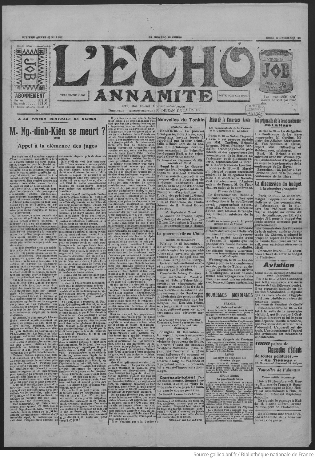 L'Écho annamite: organe de défense des intérêts franco-annamites / directeur propriétaire Vo-Van-Thom