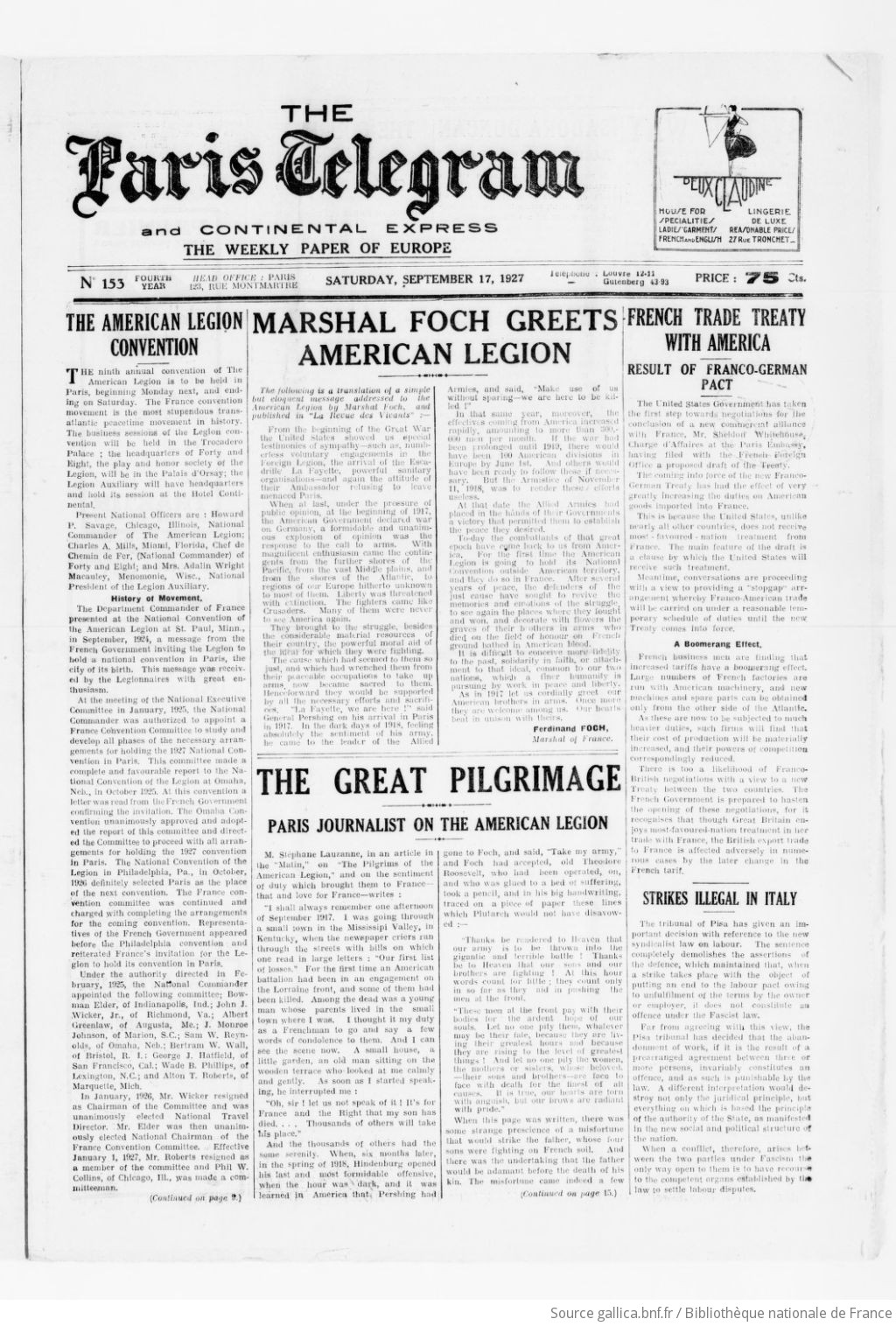 Paris telegram and continental express: the weekly paper of Europe